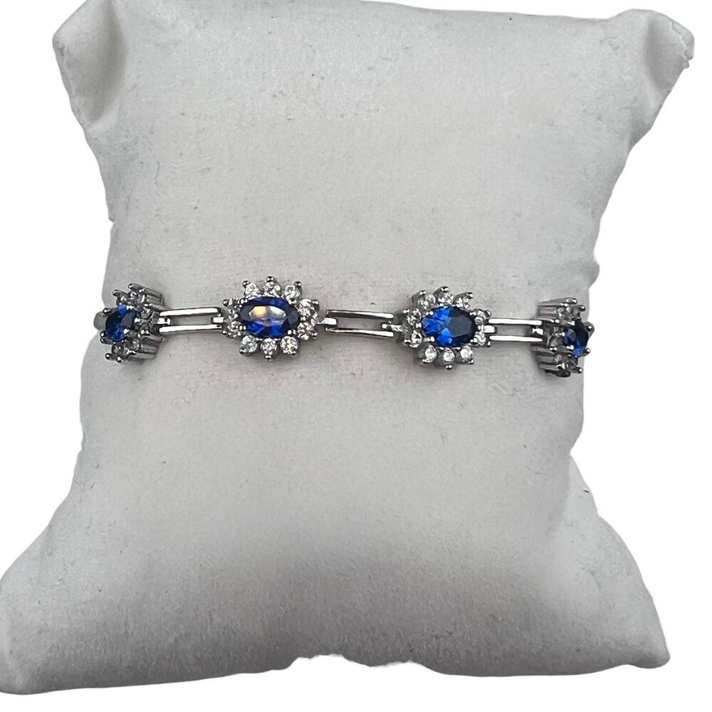 GSK Blue Gemstone Halo Sterling Silver Bracelet 7"-8"
